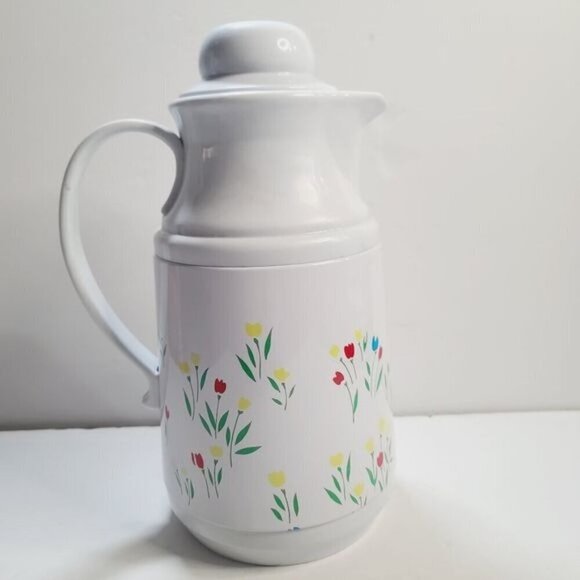 Vintage 80s Phoenix Insulated Thermal Carafate White Floral Tulip with Lid - Picture 1 of 13